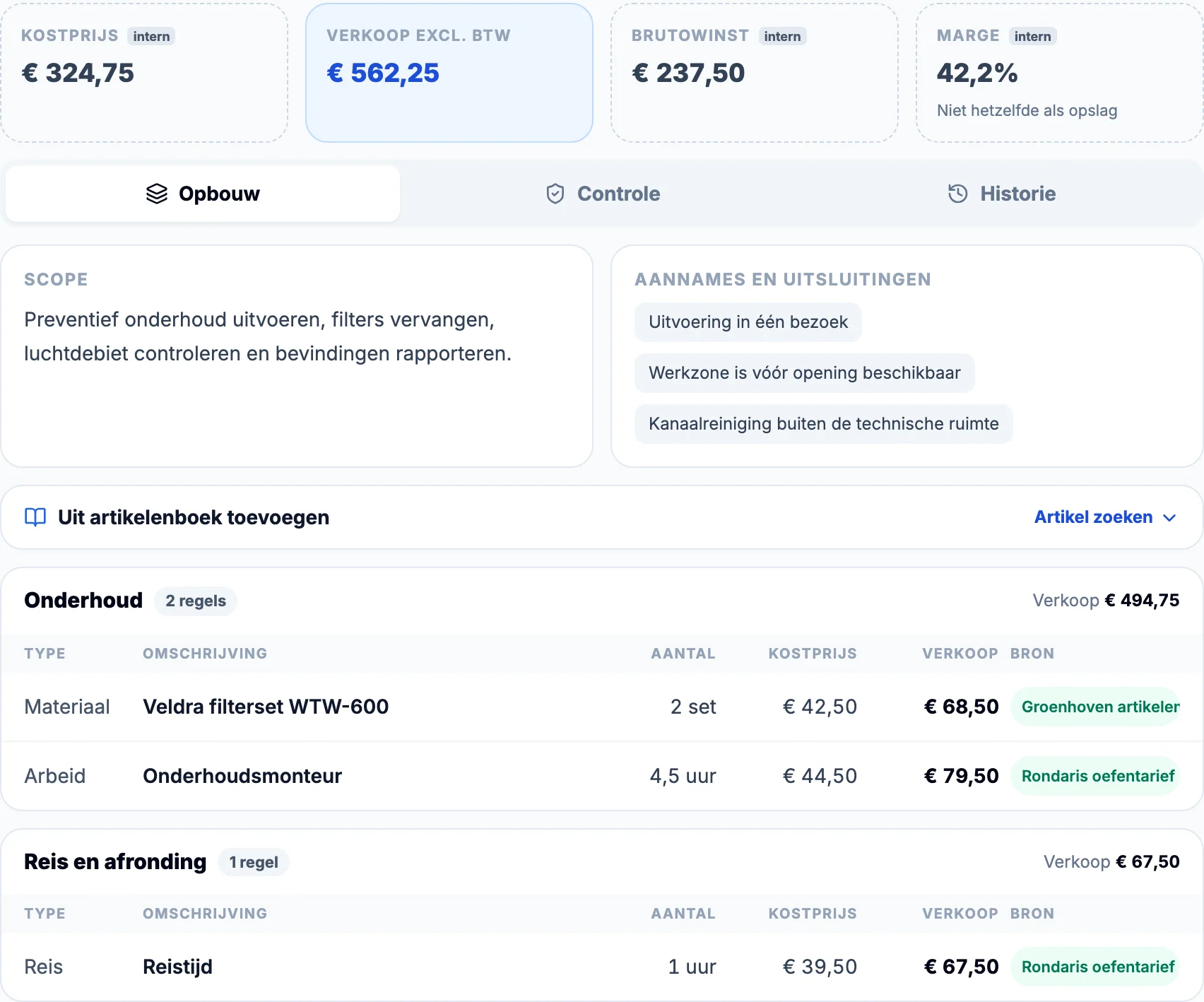 Rondaris-calculatie met kostprijs, verkoop en marge
