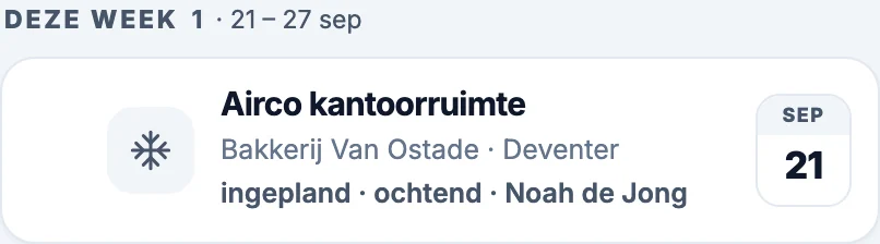 Onderhoudsoverzicht met aankomende bezoeken en onderhoudsstatus per locatie